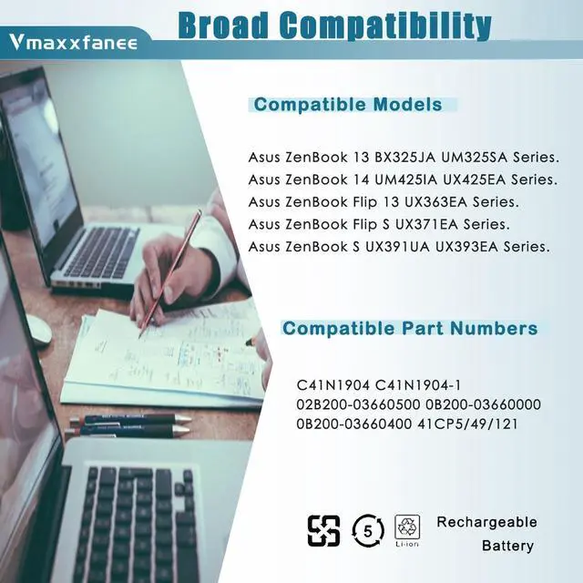 Alt view image 5 of 5 - Vmaxxfanee 67Wh C41N1904 C41N1904-1 Battery Replacement for ASUS ZenBook 14 UX425UA UX425JA UM425IA 13 BX325JA UX325EA UX325JA UM325SA UX363EA UX363JA S UX371 UX393 UX393EA 5B10X19050 5B10X19049