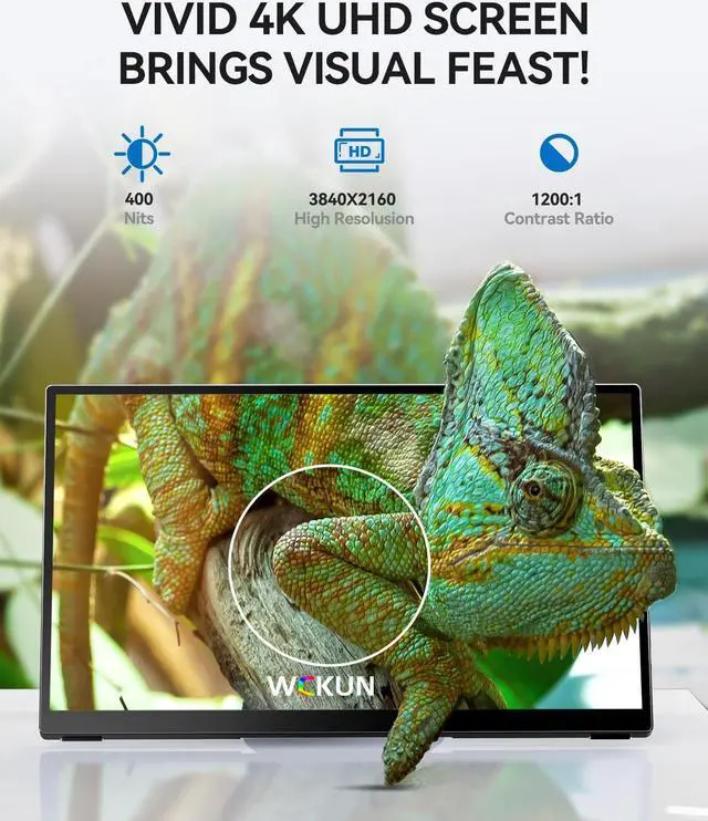 Alt view image 2 of 5 - WCKUN Portable Monitor Touchscreen 17.3 Inch 4K 60Hz 3840x2160 UHD Metal Frame,Travel Monitor with Kickstand& Dual Speaker,USB C, HDMI Plug&Play for Laptop,PC, MAC,Phone,Xbox,PS4/5,Switch,Pi