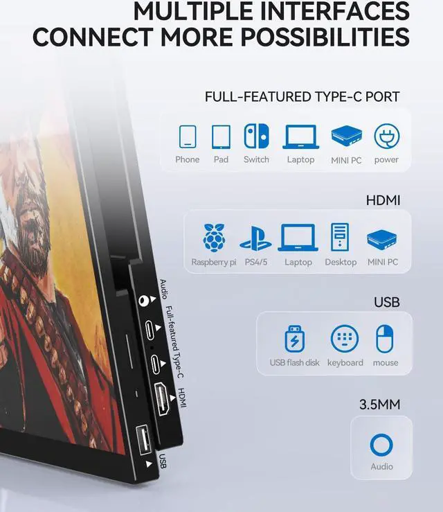 Alt view image 5 of 5 - WCKUN Portable Monitor Touchscreen 17.3 Inch 4K 60Hz 3840x2160 UHD Metal Frame,Travel Monitor with Kickstand& Dual Speaker,USB C, HDMI Plug&Play for Laptop,PC, MAC,Phone,Xbox,PS4/5,Switch,Pi