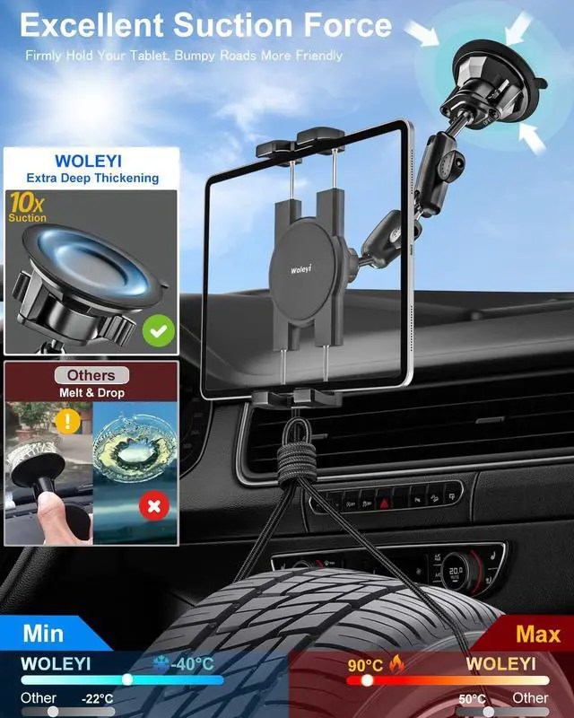 Alt view image 3 of 5 - woleyi Metal Tablet Holder for Car Mount - Heavy Duty Tablet & iPad Mount for Truck Dashboard Windshield with Super Suction Cup, for iPad Pro 12.9 Air Mini, Galaxy Tab, Z Fold, iPhone, 4.7-13" devices