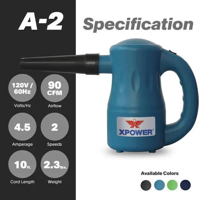 Alt view image 2 of 5 - XPOWER A-2 Airrow Pro Electric Air Duster for Dusting, Drying, Inflating, Car Detailing, Computer, Leaf Blowing, 90 CFM, 7 Nozzles+2 Brushes, High Performance Motor, Eco-Friendly, Jet Black