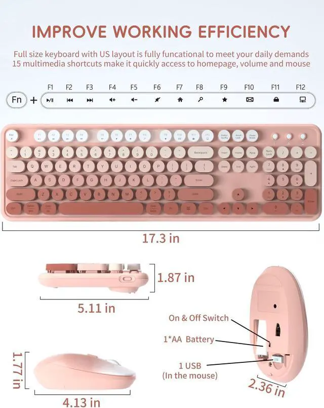 Alt view image 3 of 5 - Wireless Keyboard Mouse Combo - 2.4Ghz Cute Colorful Keyboard and Mouse Wireless - 104 Keys Full Size Retro Typewriter Keyboard for Laptop, Computer, PC, Notebook (Pastel Pink Colorful)