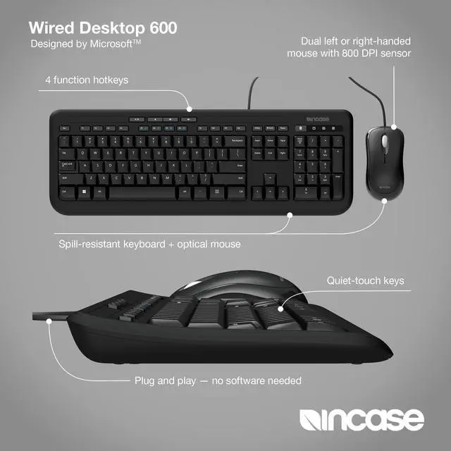 Alt view image 2 of 5 - Incase Wired Desktop 600 Keyboard & Mouse Combo  Designed by Microsoft  Four Hot Keys, Spill-Resistant Keyboard, Quiet-Touch Keys, Optical Mouse, Left/Right Mouse with 800 DPI Sensor  Black