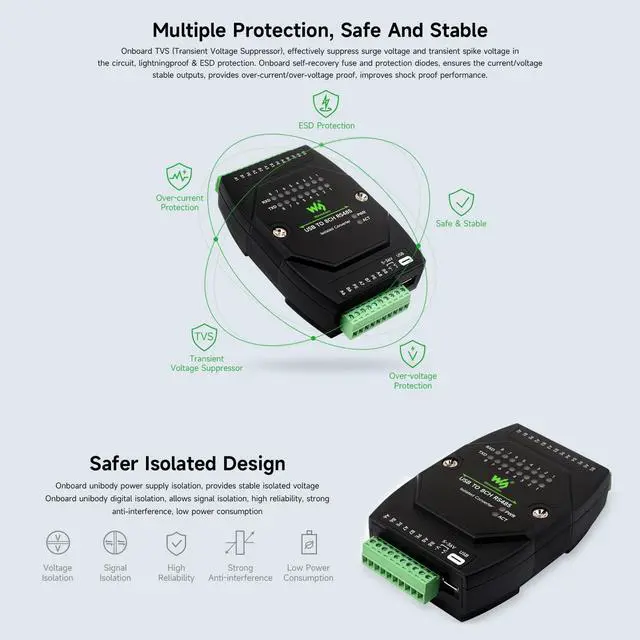 Alt view image 5 of 5 - Waveshare USB to 8CH RS485 Industrial Grade Isolated Converter, USB to RS485 Adapter, Multiple Protection Circuits, Wall-Mount and Rail-Mount Support, Multi-OS Compatible