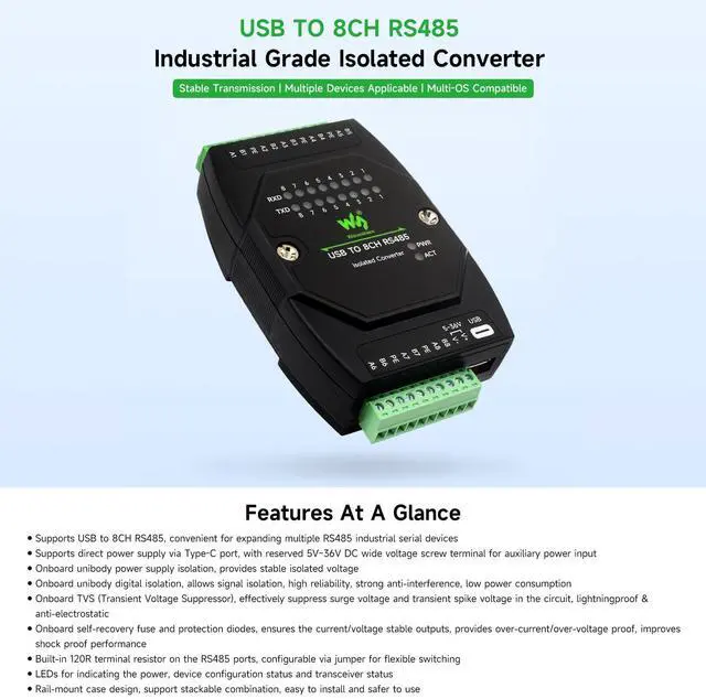 Alt view image 3 of 5 - Waveshare USB to 8CH RS485 Industrial Grade Isolated Converter, USB to RS485 Adapter, Multiple Protection Circuits, Wall-Mount and Rail-Mount Support, Multi-OS Compatible