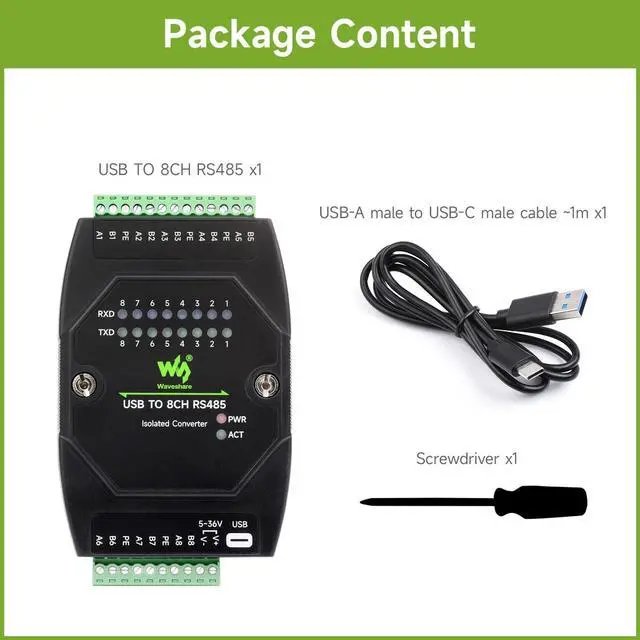 Alt view image 2 of 5 - Waveshare USB to 8CH RS485 Industrial Grade Isolated Converter, USB to RS485 Adapter, Multiple Protection Circuits, Wall-Mount and Rail-Mount Support, Multi-OS Compatible