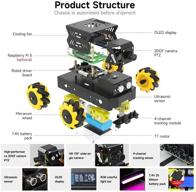 Alt view image 4 of 5 - Yahboom Raspberry Pi5 Omnidirectional Moving Mecanum Wheel AI Vision ROS2 Robot,Autonomous Driving,Face Recognition,Tracking,Line Patrol,for 16+ 18+ Teenager Python C+ Projects (with RPi 5-8GB)