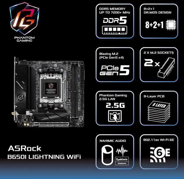 Alt view image 5 of 5 - ASRock B650I Lightning WiFi 6E AMD Socket AM5 Ryzen 9000/8000/7000 Series B650 DDR5 7200+ (OC) MHz 128GB SATA3 6.0 Gb/s Mini ITX Motherboard M.2 2.5G LAN