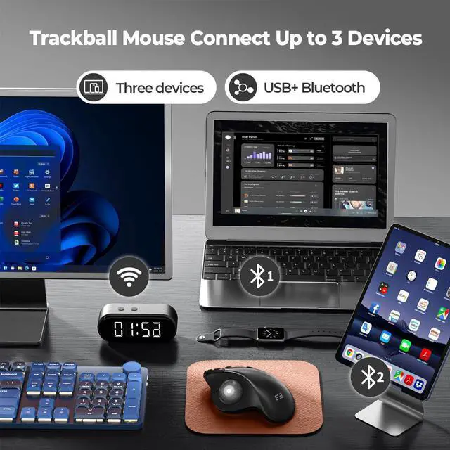 Alt view image 3 of 5 - seenda Wireless Trackball Mouse, Ergonomic Mouse Bluetooth - Rollerball Mouse Rechargeable, Multi Devices Connection Thumb Control Mouse Compatible for Mac/Android/Windows Computers - Black
