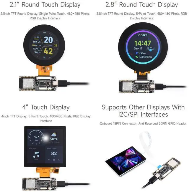 Alt view image 5 of 5 - Waveshare ESP32-S3 RGB LCD Driver Board, Equipped with 32-Bit 240MHz LX7 Dual-Core Processor, 8MB PSRAM and Flash, WiFi & Bluetooth Support, Comes with a 2.1inch RGB Round Touch Display