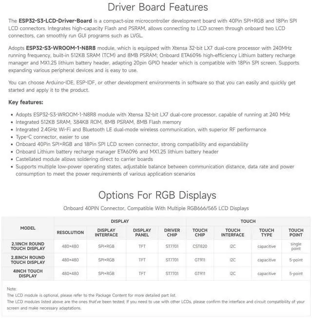 Alt view image 4 of 5 - Waveshare ESP32-S3 RGB LCD Driver Board, Equipped with 32-Bit 240MHz LX7 Dual-Core Processor, 8MB PSRAM and Flash, WiFi & Bluetooth Support, Comes with a 2.1inch RGB Round Touch Display