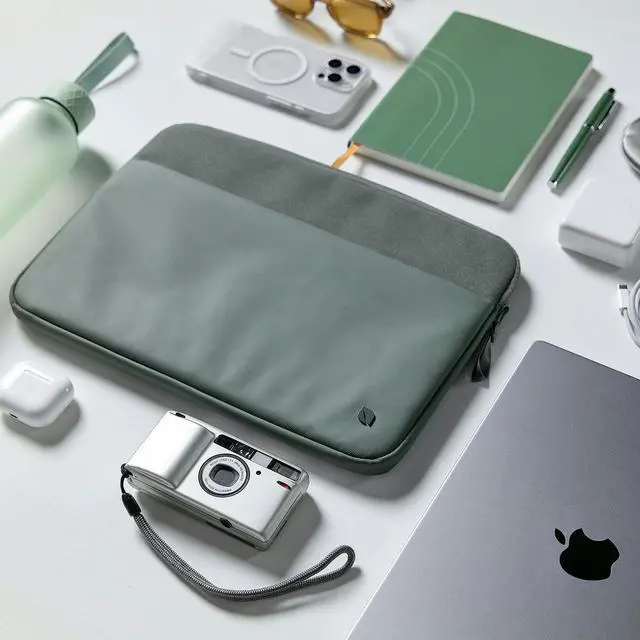 Alt view image 5 of 5 - Incase A.R.C. Sleeve with ReSpun Recycled Polyester - 15 inch and 16 inch MacBook/Laptop & iPad/Tablet Case - Cushioned Faux Fur Lining, External Zippered Slip Pocket - Smoked Ivy