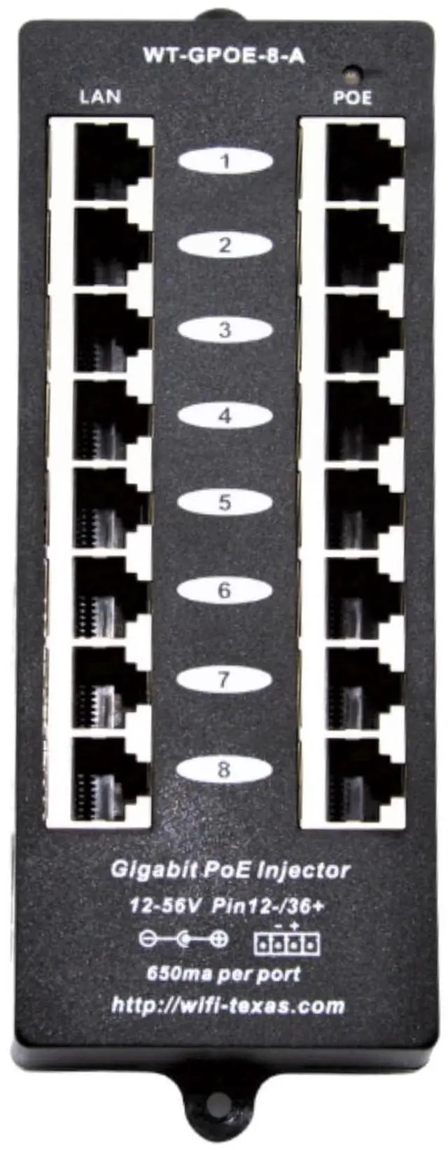 Main image of PoE Texas 8 Port PoE Injector - Gigabit Passive Power Over Ethernet Midspan - Front Wall Mount for Security Cameras, IP Phones, WiFi APs - Works with Non-PoE Switch, Includes 48v 120w Power Supply