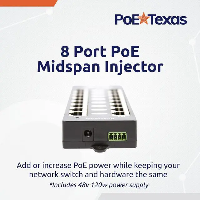 Alt view image 2 of 5 - PoE Texas 8 Port PoE Injector - Gigabit Passive Power Over Ethernet Midspan - Front Wall Mount for Security Cameras, IP Phones, WiFi APs - Works with Non-PoE Switch, Includes 48v 120w Power Supply