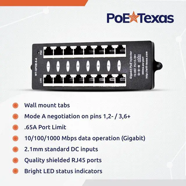 Alt view image 3 of 5 - PoE Texas 8 Port PoE Injector - Gigabit Passive Power Over Ethernet Midspan - Front Wall Mount for Security Cameras, IP Phones, WiFi APs - Works with Non-PoE Switch, Includes 48v 120w Power Supply