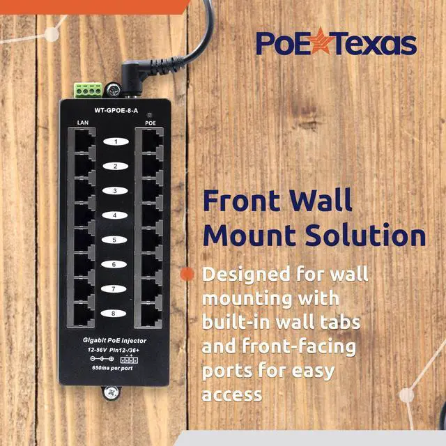 Alt view image 5 of 5 - PoE Texas 8 Port PoE Injector - Gigabit Passive Power Over Ethernet Midspan - Front Wall Mount for Security Cameras, IP Phones, WiFi APs - Works with Non-PoE Switch, Includes 48v 120w Power Supply