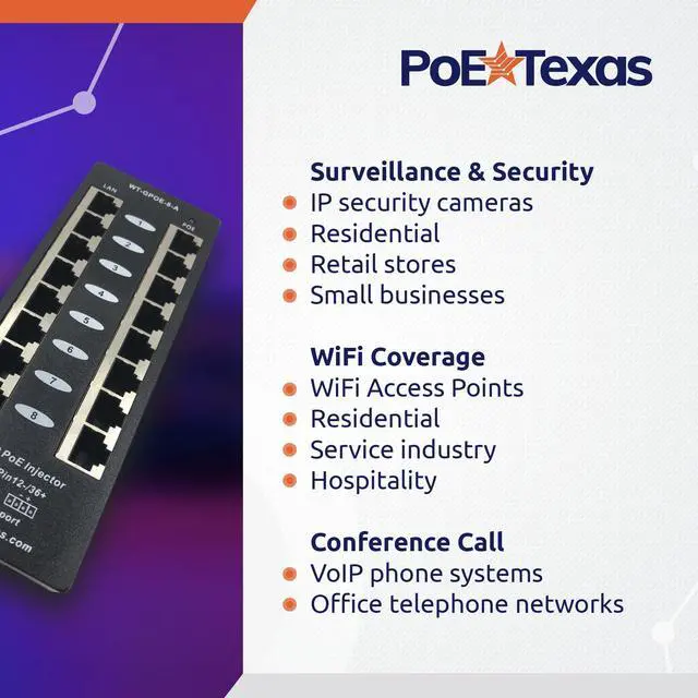 Alt view image 4 of 5 - PoE Texas 8 Port PoE Injector - Gigabit Passive Power Over Ethernet Midspan - Front Wall Mount for Security Cameras, IP Phones, WiFi APs - Works with Non-PoE Switch, Includes 48v 120w Power Supply