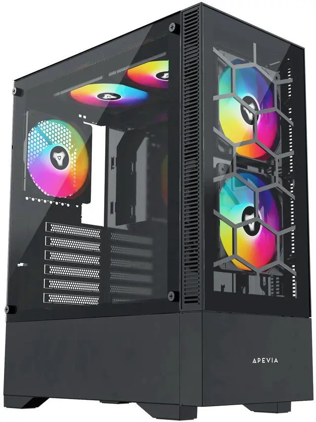 Main image of Apevia Eclipse-BK Eclipse Mid Tower Gaming PC Case w/ 5X 120mm ARGB Fans, 366 RGB Light Modes, Minimalistic Honeycomb Design, Tempered Glass Front & Side Panels, 1X USB3.0, 2X USB2.0, Black
