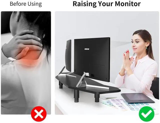 Alt view image 3 of 5 - AFOOYO 39.4 Inch Dual Monitor Stand Riser Black,Plane Wing-Shaped Sturdy Computer Desk Riser for 2 Monitors, Adjustable Length and Wood Monitor Stand for Laptop, Computer,Extra Long