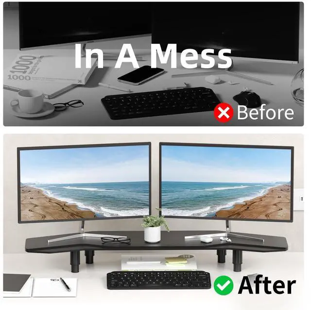 Alt view image 4 of 5 - AFOOYO 39.4 Inch Dual Monitor Stand Riser Black,Plane Wing-Shaped Sturdy Computer Desk Riser for 2 Monitors, Adjustable Length and Wood Monitor Stand for Laptop, Computer,Extra Long