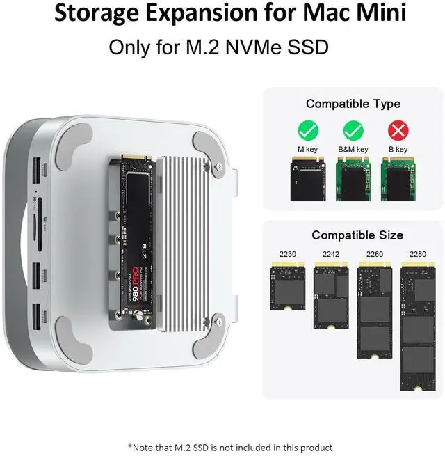 Alt view image 3 of 5 - Akyyajaure Mac Mini M4 Hub, 9 in 1 Aluminum Stand and Dock for Mac Mini M4/Pro with M.2 NVMe SSD Enclosure, 10Gbps USB-A*2, SD/TF 4.0 Card Readers, USB 2.0