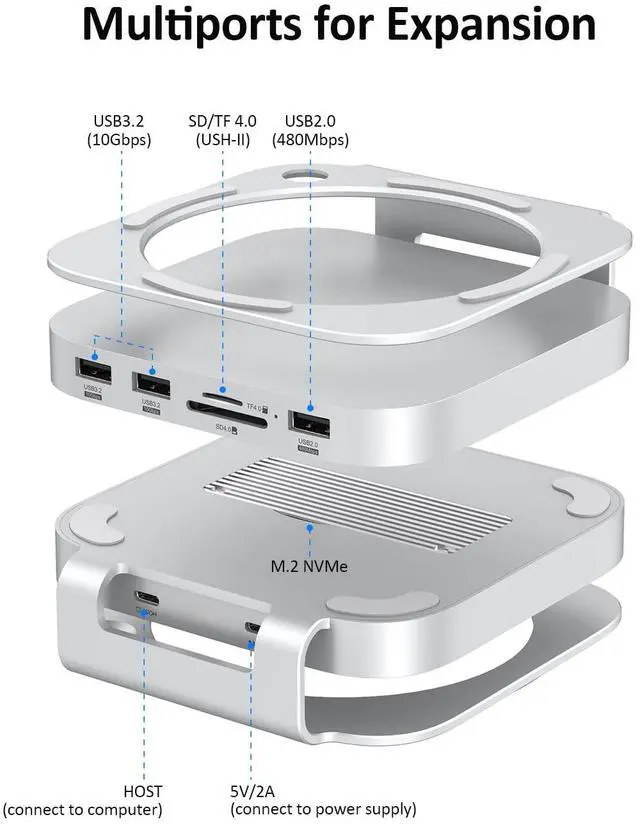 Alt view image 2 of 5 - Akyyajaure Mac Mini M4 Hub, 9 in 1 Aluminum Stand and Dock for Mac Mini M4/Pro with M.2 NVMe SSD Enclosure, 10Gbps USB-A*2, SD/TF 4.0 Card Readers, USB 2.0