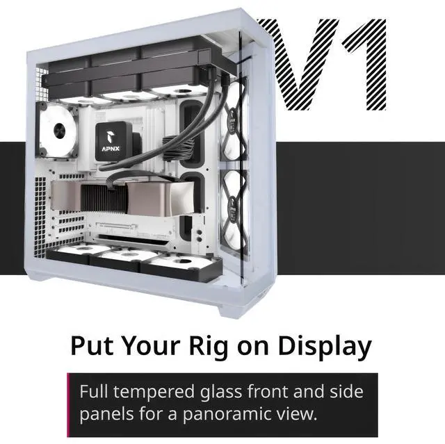 Alt view image 4 of 5 - APNX V1 Dual-Chamber ATX Mid-Tower Airflow PC Case, Panoramic Glass Panels, 10 Fan Slots, 360mm Radiator Support, Front Angular Intake 16cmx2 Fan Bracket, GPU Mount, Cable Management, Type-C, White