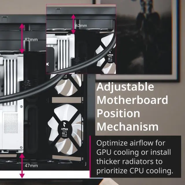 Alt view image 3 of 5 - APNX V1 Dual-Chamber ATX Mid-Tower Airflow PC Case, Panoramic Glass Panels, 10 Fan Slots, 360mm Radiator Support, Angular Intake 16cmx2 Fan Bracket, GPU Mount, Cable Management, Type-C, Black/White