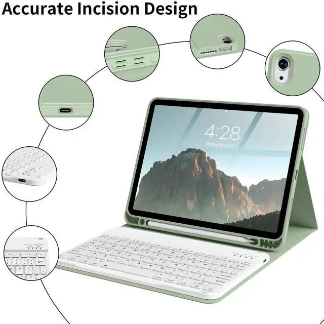 Alt view image 4 of 5 - BQDIYOO Case for iPad Air 7th/6th 11-inch M3/M2 (2025/2024) & 10.9 inch Air 5th 4th Gen with Keyboard 2022 2020, Detachable Wireless Keyboard Cover with Pencil Holder, Auto Sleep/Wake, Light Green