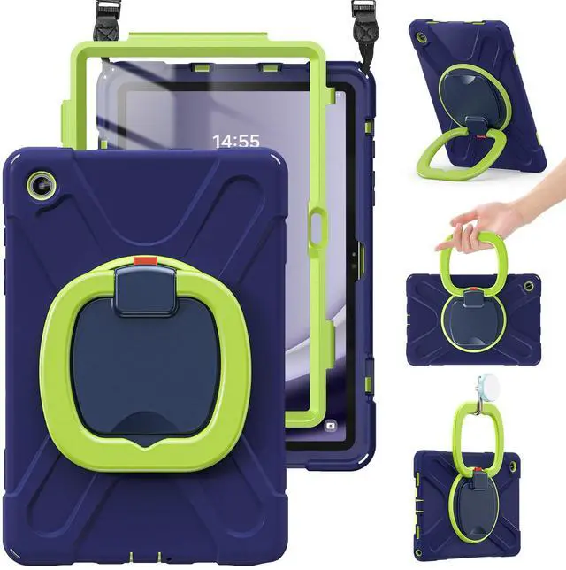 Main image of BRAECN Case for Samsung Galaxy Tab A9+ Plus 11 2023 SM-X210/X216/X218, Heavy Duty Rugged Silicone Cover with Screen Protector, 360 Degree Rotating Stand, Stable Kickstand, Shoulder Strap, Navy Green