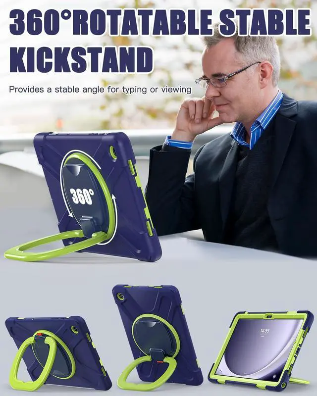 Alt view image 3 of 5 - BRAECN Case for Samsung Galaxy Tab A9+ Plus 11 2023 SM-X210/X216/X218, Heavy Duty Rugged Silicone Cover with Screen Protector, 360 Degree Rotating Stand, Stable Kickstand, Shoulder Strap, Navy Green