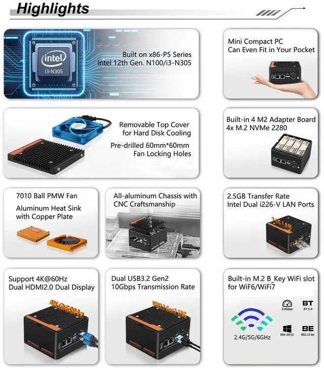 Alt view image 4 of 5 - StoneStorm 4-Bay NAS Mini PC Dual 2.5GbE i226-v LAN Ports, 12th Gen. N100 with DDR5 MAX 48GB, 4 M.2 NVMe 2280, Dual 4K Display, 2 USB3.2 10Gbps for Micro Firewall Router/Pocket Computer (Barebone)