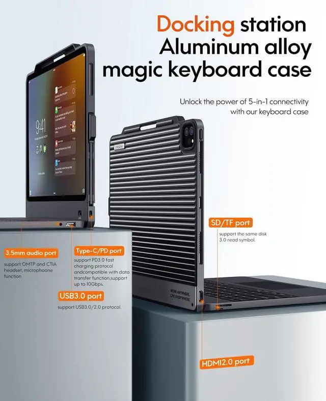 Alt view image 3 of 5 - CHESONA Keyboard Case for ipad pro 12.9 inch (6th, 5th, 4th, 3rd Gen-2022,2021,2020,2018)5-in-1 Hub Docking Station Keyboard case with HDMI/Multi-Gesture Touchpad / 7-Color BacklitBlack