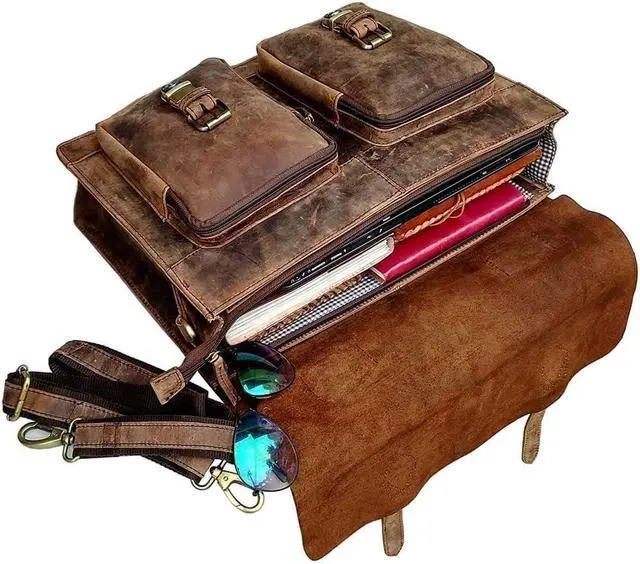Alt view image 3 of 5 - 16 Inch Retro Buffalo Hunter Leather Laptop Messenger Bag Office Briefcase Crossbody Travel Bag For Men And Women College Bag Office Laptop Bag