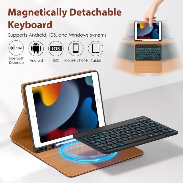 Alt view image 3 of 5 - DTTO for iPad 9th/8th/7th Generation 10.2 Inch Case 2021/2020/2019 with Keyboard, 7 Colors Backlit Wireless Detachable Keyboard Premium Leather Folio Cover with Pencil Holder & Pocket, Brown