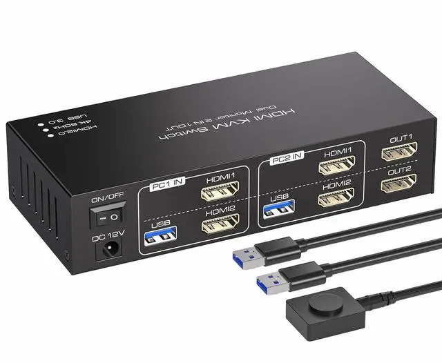 Main image of KVM Switch 2 Monitors 2 Computers USB 3.0 4 Ports 4K 60Hz HDMI 2 Ports KVM Selector HDMI Switcher 2 PC or 2 Laptops Share 1 Set of Keyboard Mouse Printer and Scanner
