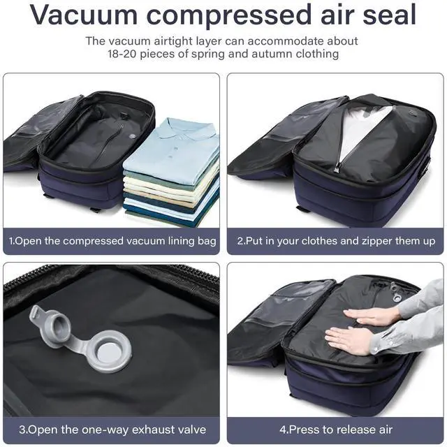 Alt view image 3 of 5 - FABIEN CHERON Airback Backpack,60L Expandable Vacuum Backpack Travel with TSA Lock,17.3 inch Laptop Backpack Vacpack Backpacks with Vacuum(Blue,No Air Pump)