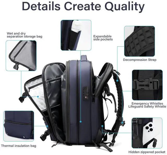 Alt view image 5 of 5 - FABIEN CHERON Airback Backpack,60L Expandable Vacuum Backpack Travel with TSA Lock,17.3 inch Laptop Backpack Vacpack Backpacks with Vacuum(Blue,No Air Pump)