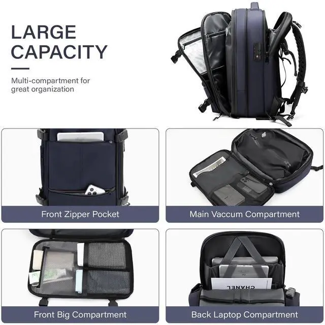 Alt view image 4 of 5 - FABIEN CHERON Airback Backpack,60L Expandable Vacuum Backpack Travel with TSA Lock,17.3 inch Laptop Backpack Vacpack Backpacks with Vacuum(Blue,No Air Pump)