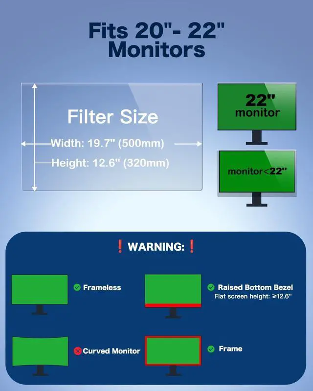 Alt view image 4 of 5 - viseNOVA 2-Pack Anti Blue Light Screen Protector for 20, 20.2, 21.5, 21.6, 22 Inches - 16:9 / 16:10 Aspect Ratio Computer Monitor Hanging Type Blue Light Blocking Filter Anti Scratch Eye Protection Sh