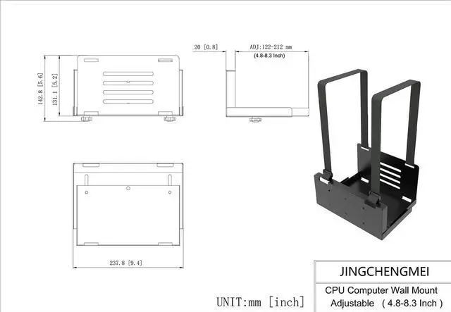 Alt view image 4 of 5 - JINGCHENGMEI Wall Mount CPU Holder with Safety Straps- Metal Computer Tower Mounting Bracket for Desktop PC, Adjustable Width 4.8in to 8.3in, Black