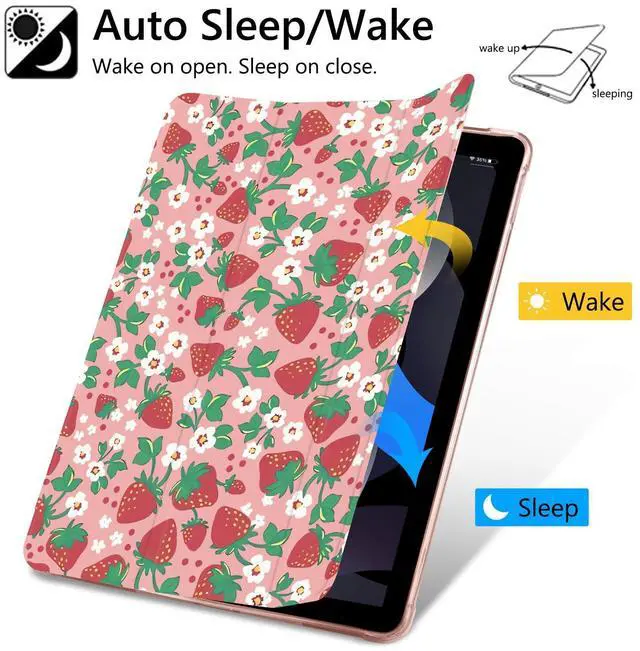 Alt view image 4 of 5 - JOYLAND Cute Strawberry Printed Case for iPad Air 6th Generation 11" M2 2024/iPad Air 5th 2022/4th 2020 Generation 10.9", Pencil Holder & Clear Transparent Back & Trifold Smart Pad Pink Cover