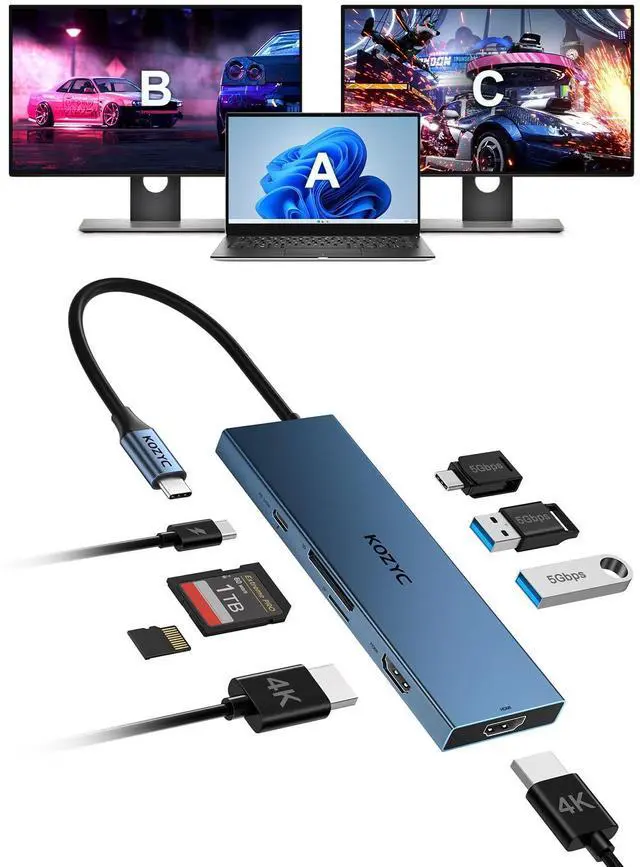 Main image of USB C Docking Station Dual Monitor, KOZYC 8-in-1 USBC Hub with 2 HDMI Ports, USB-C 3.0, 2xUSB-A 3.0, SD/TF, 100W PD, Compatible with HP, Dell