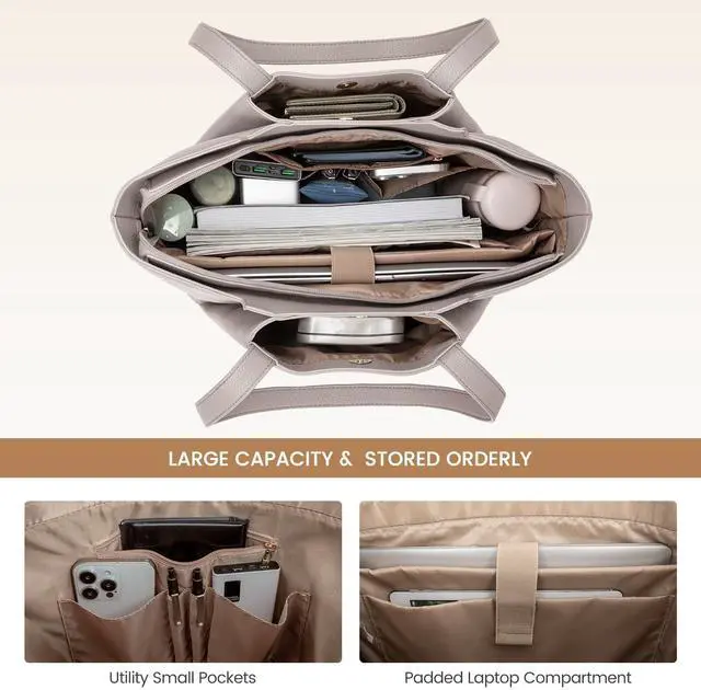 Alt view image 3 of 5 - LOVEVOOK Laptop Tote Bag for Women 15.6 Inch Work Bag Leather Laptop Bag with Clutch, Large Capacity Office Purse Computer Briefcase Shoulder Bag for Casual Business Travel, Apricot&brown