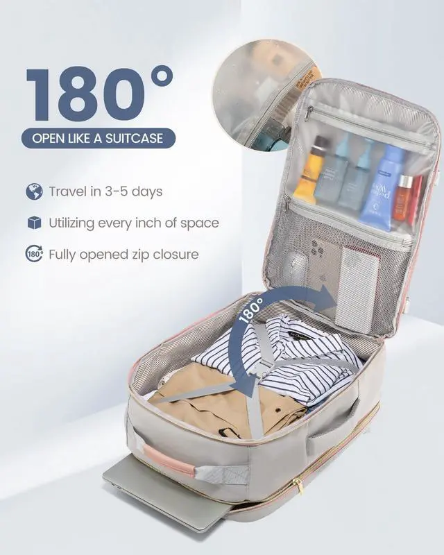 Alt view image 2 of 5 - LOVEVOOK Carry on Backpack, 50L Travel Backpack Women for Airplanes, 18inch Laptop Backpack with Toiletry Bag Carry on Bags for Airplanes Casual Daypack for Weekender Overnight Hiking, Light gray-Pink