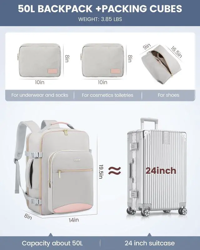 Alt view image 5 of 5 - LOVEVOOK Carry on Backpack, 50L Travel Backpack Women for Airplanes, 18inch Laptop Backpack with Toiletry Bag Carry on Bags for Airplanes Casual Daypack for Weekender Overnight Hiking, Light gray-Pink