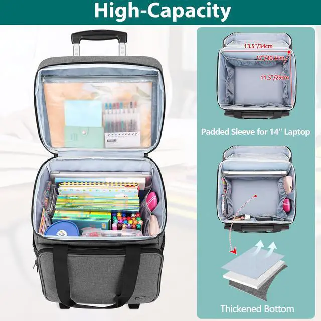 Alt view image 3 of 5 - LUXJA Rolling Teacher Tote Bag with Bottom Support Pad, Multifunctional Teacher Bag with Detachable Dolly (Patented Design), Gray