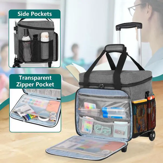 Alt view image 4 of 5 - LUXJA Rolling Teacher Tote Bag with Bottom Support Pad, Multifunctional Teacher Bag with Detachable Dolly (Patented Design), Gray