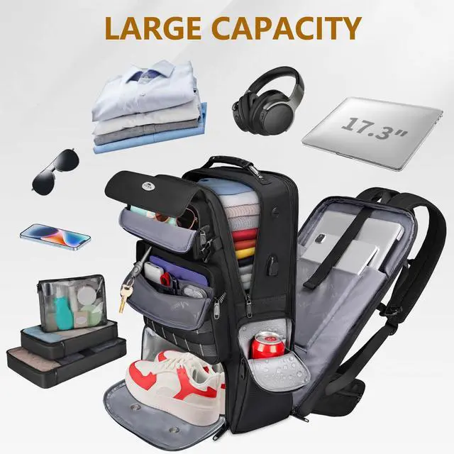 Alt view image 4 of 5 - MATEIN Expandable Travel Backpack With Shoe Compartment, 52L Large Luggage Suitcase with Waist Straps & USB Charging Port, 17 Inch TSA Laptop Backpack With 3 Packing Cubes for Men, Black