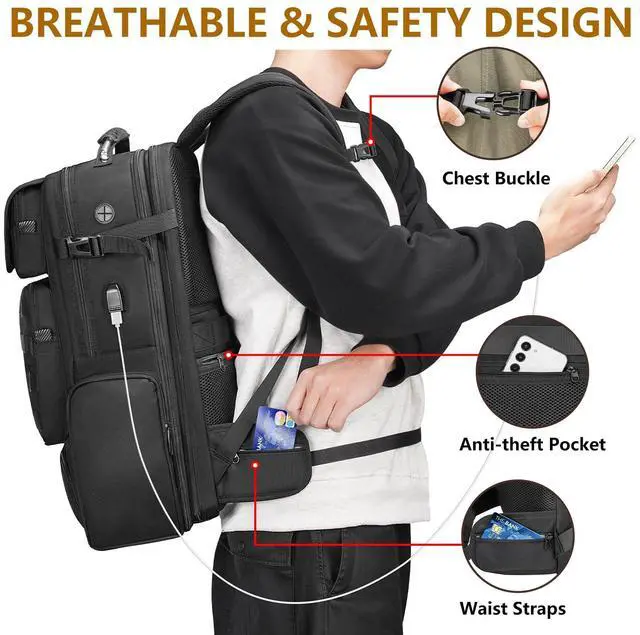 Alt view image 5 of 5 - MATEIN Expandable Travel Backpack With Shoe Compartment, 52L Large Luggage Suitcase with Waist Straps & USB Charging Port, 17 Inch TSA Laptop Backpack With 3 Packing Cubes for Men, Black